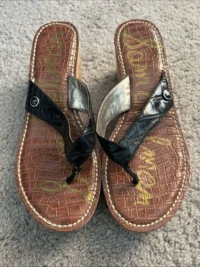 Sam Edelman Romy Black Leather Thong Wedge Sandals - Size 10